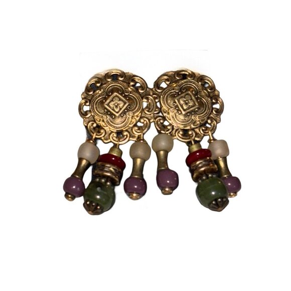 Vtg Gold-toned & Beaded Multicolor Dangling Earrings, Statement Retro Elegant - Picture 1 of 3